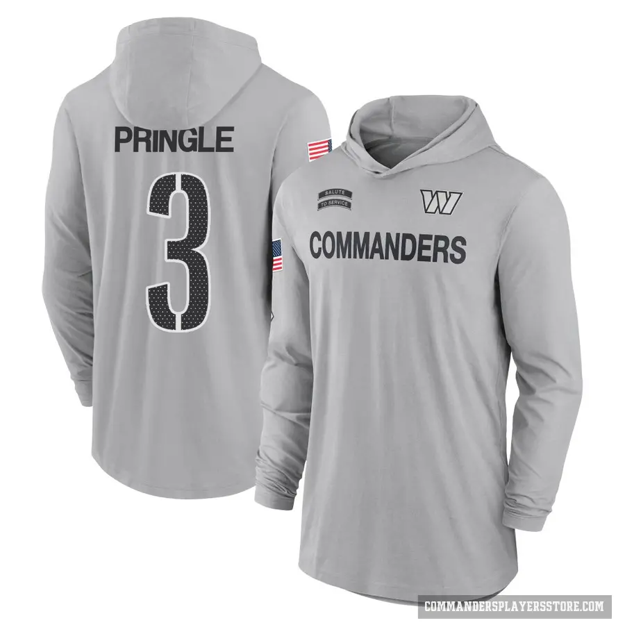 Men's ＃3 Byron Pringle Washington Commanders Gray 2024 Salute to Service Lightweight Performance Long Sleeve Hooded T-Shirt