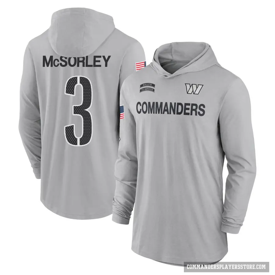 Men's ＃3 Trace McSorley Washington Commanders Gray 2024 Salute to Service Lightweight Performance Long Sleeve Hooded T-Shirt