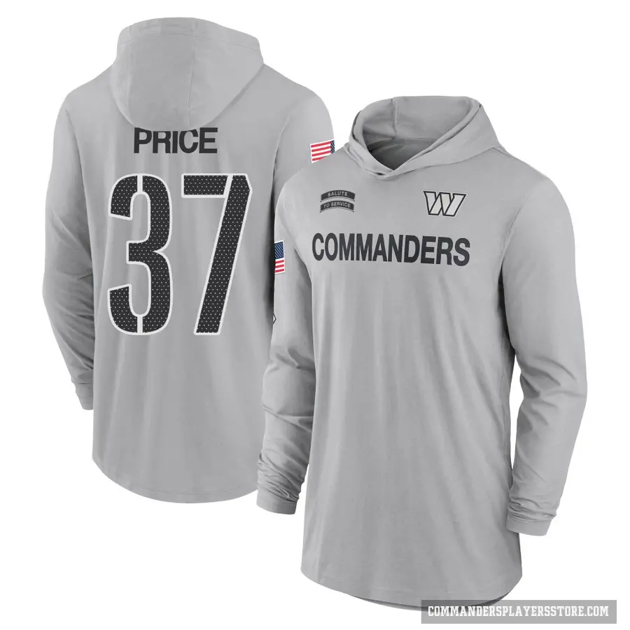 Men's ＃37 Bobby Price Washington Commanders Gray 2024 Salute to Service Lightweight Performance Long Sleeve Hooded T-Shirt