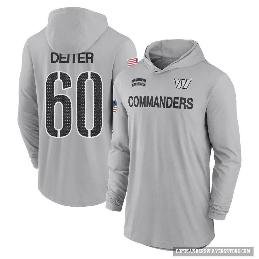 Men's ＃60 Michael Deiter Washington Commanders Gray 2024 Salute to Service Lightweight Performance Long Sleeve Hooded T-Shirt