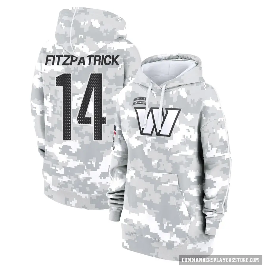 Women's ＃14 Ryan Fitzpatrick Washington Commanders Arctic Camo 2024 Salute to Service Club Fleece Pullover Hoodie