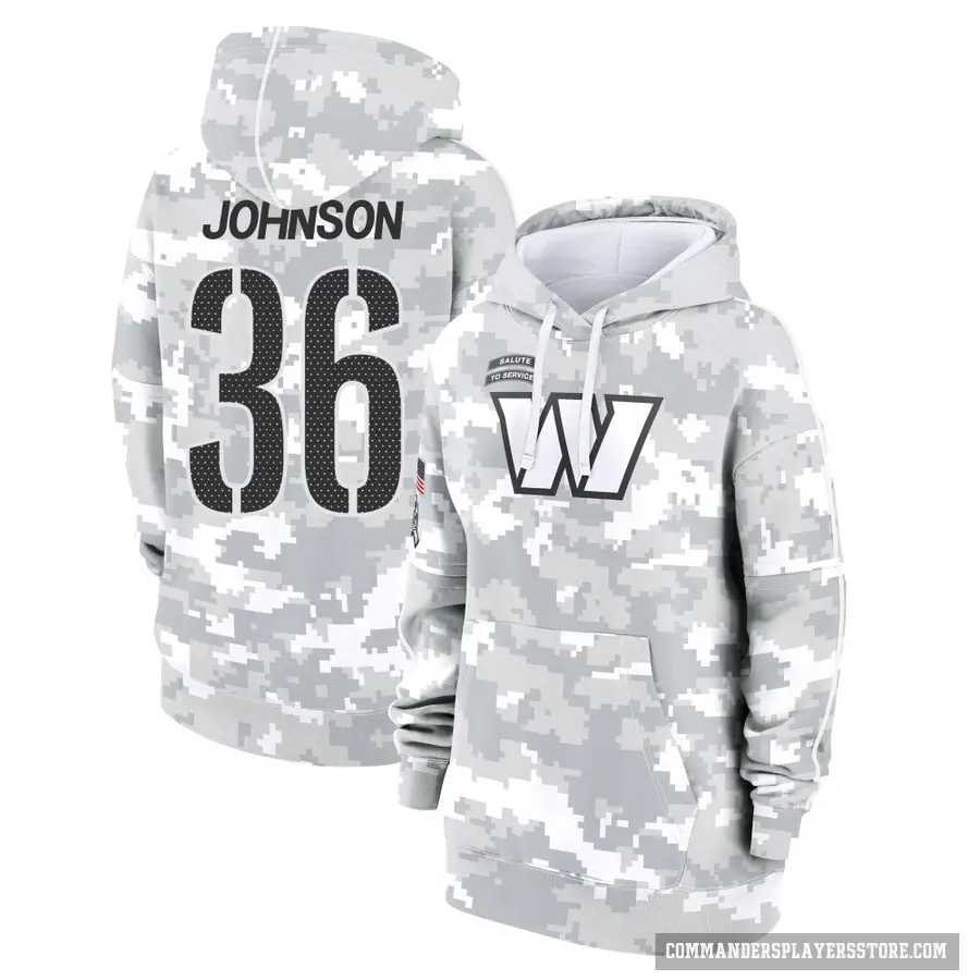 Women's ＃36 Danny Johnson Washington Commanders Arctic Camo 2024 Salute to Service Club Fleece Pullover Hoodie