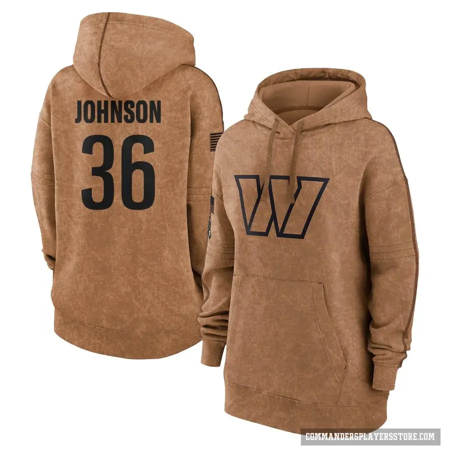 Women's ＃36 Danny Johnson Washington Commanders Brown 2023 Salute To Service Pullover Hoodie